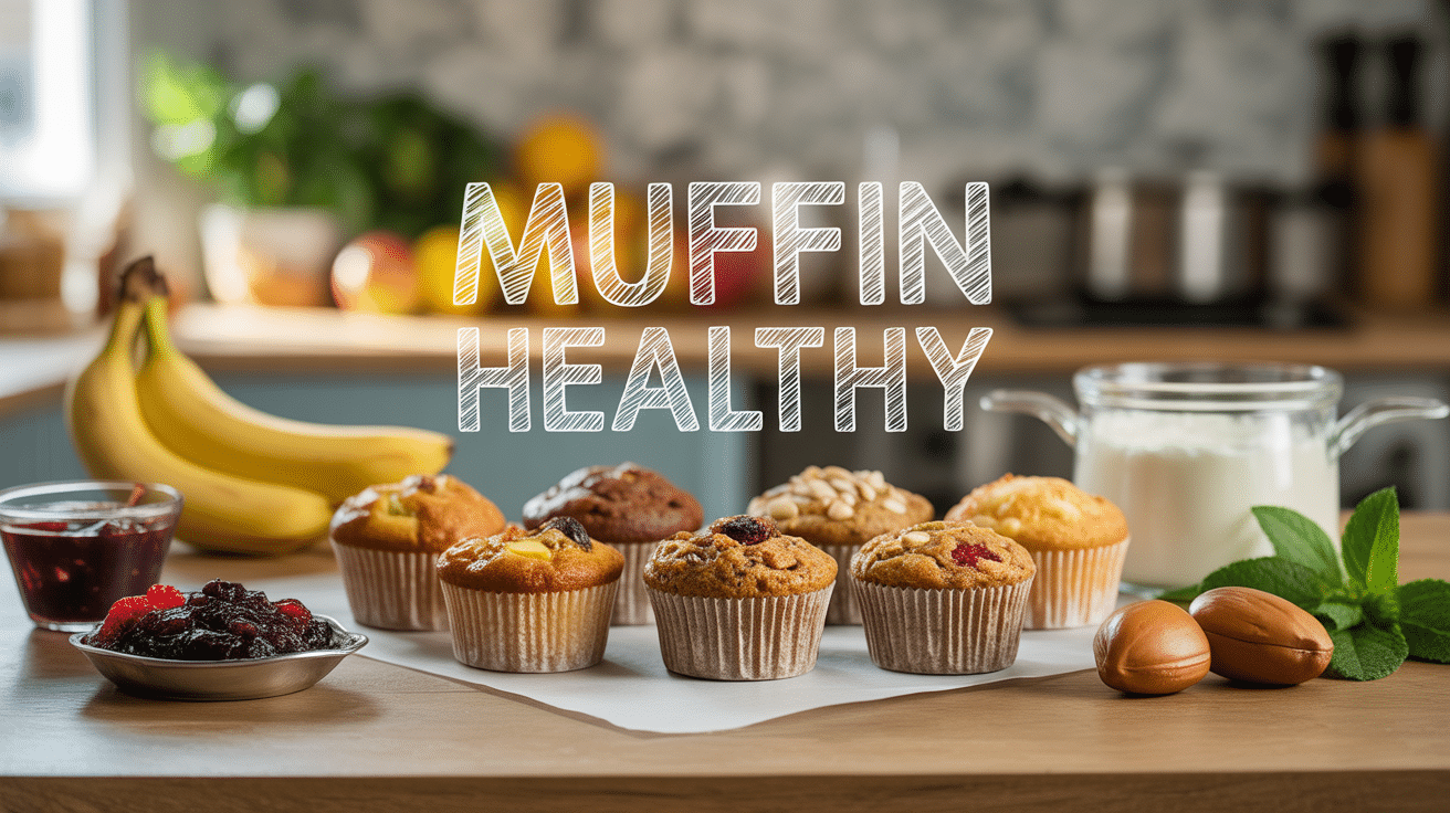 Muffins healthy variés sur table, ingrédients naturels, titre Muffin Healthy