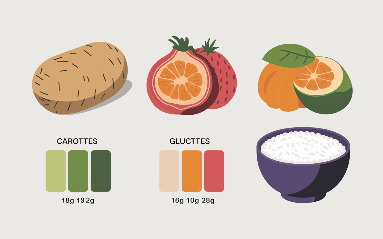 Tableau nutritionnel patate douce, carottes, riz avec barres de glucides