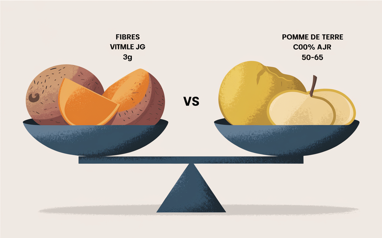 Patate douce et pomme de terre sur balance, chiffres nutritionnels affichés