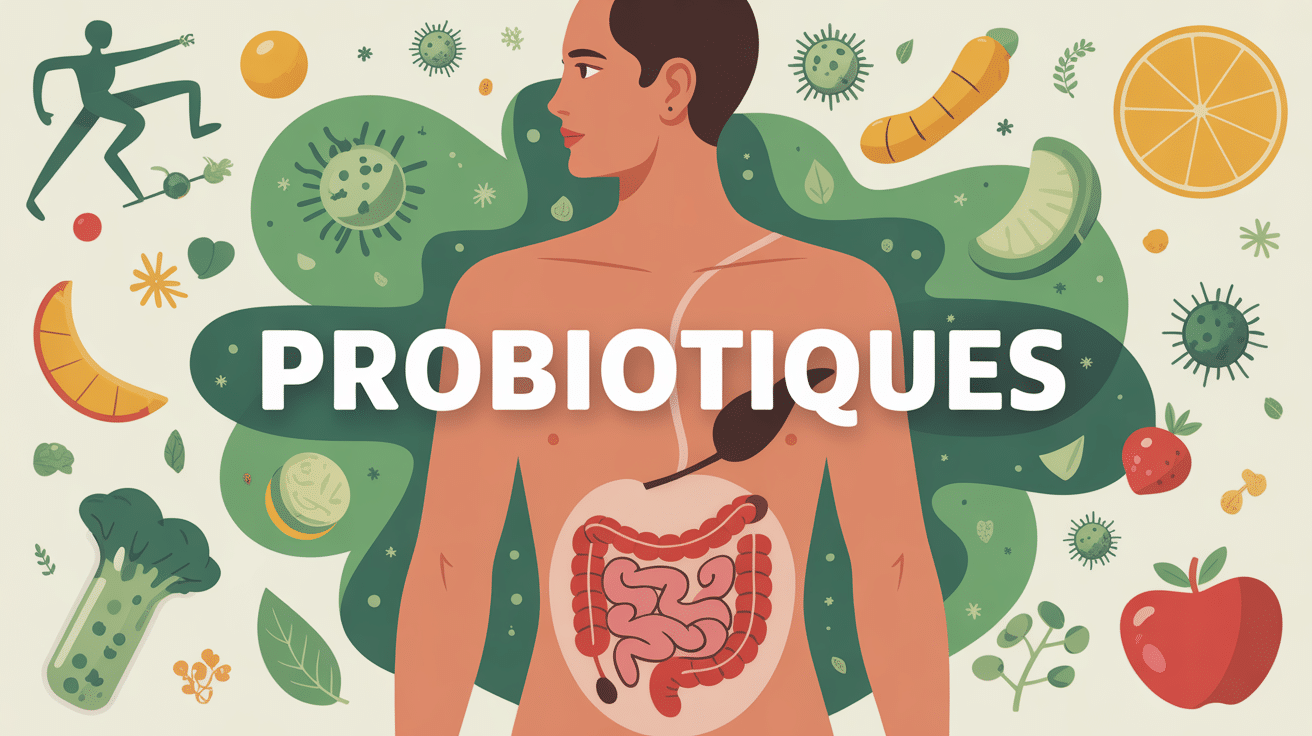 Visuel ventre sain, microbiote, sport, aliments naturels, flat design