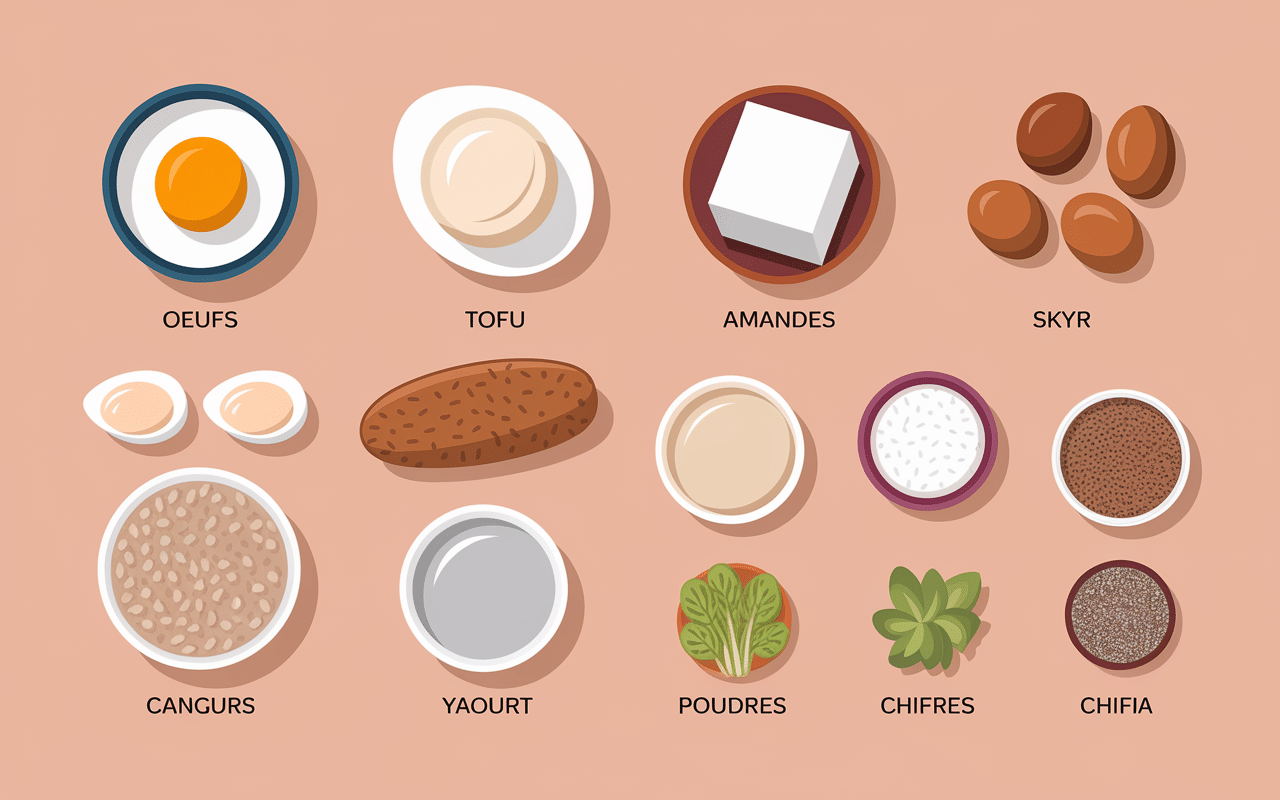Sources de proteines petit dejeuner tableau visuel oeufs tofu amandes