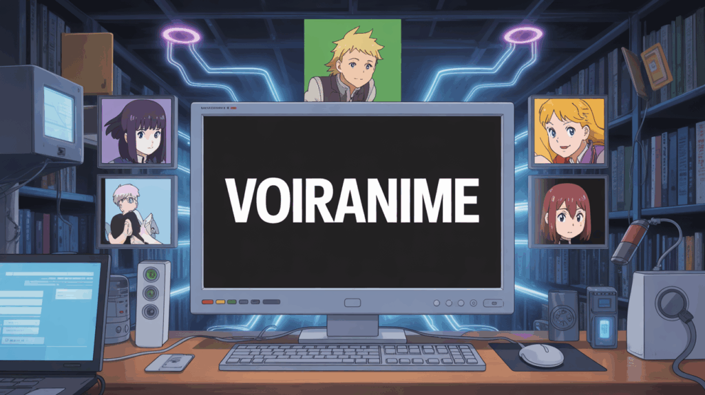 Ecran ordinateur anime avec symbole Voiranime et cybersécurité