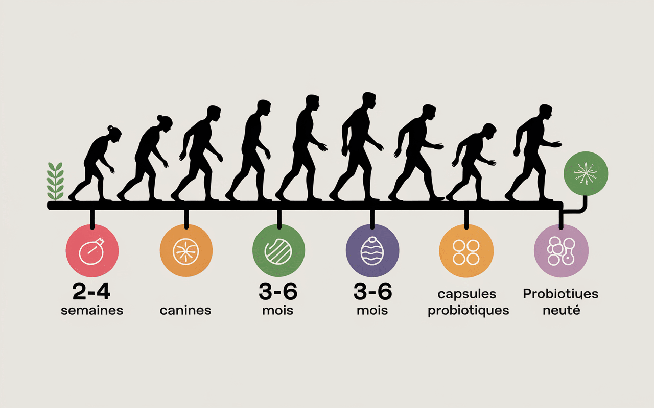 Schéma délais reconstitution flore intestinale probiotiques aliments