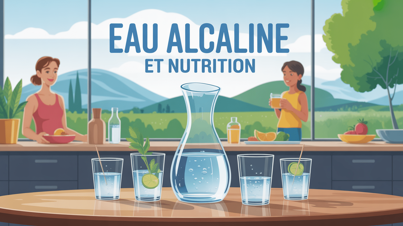 Carafe et verres d'eau alcaline sur table déco sport famille