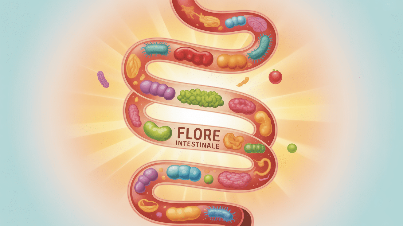 Vue stylisée flore intestinale spiralée bactéries aliments