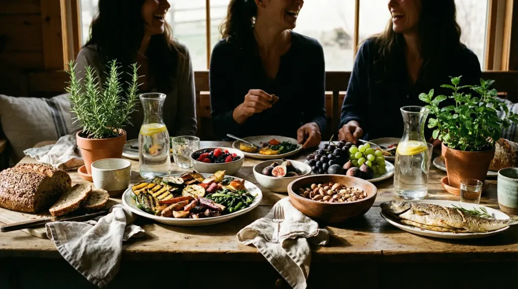 Table saine avec légumes fruits poisson pain complet