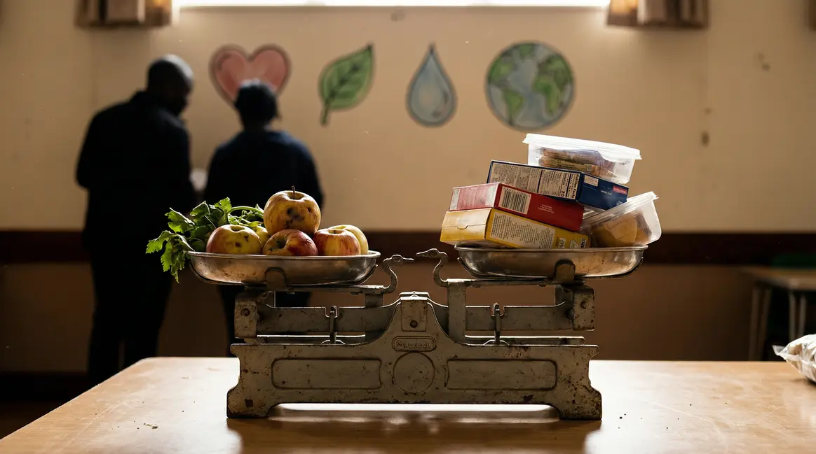 Illustration balance pommes aliments transformés santé obésité