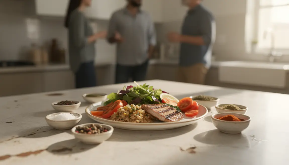 assiette equilibree et ramequins de sel en cuisine saine