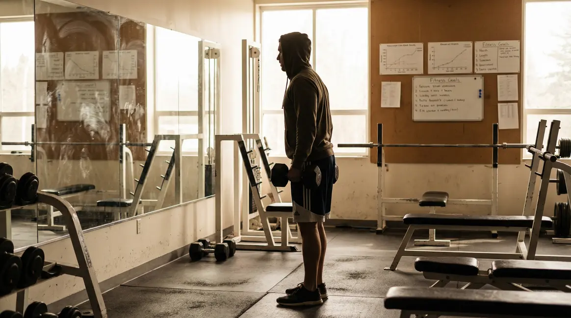 Homme dos miroir salle musculation haltères