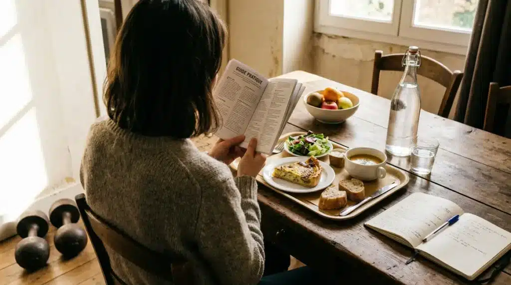 adulte lisant guide de prise de poids avec plateau repas et haltères