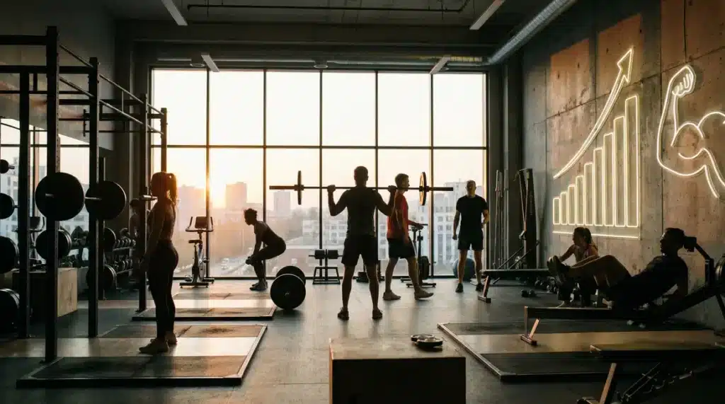 Salle de musculation moderne progression naturelle silhouettes effort