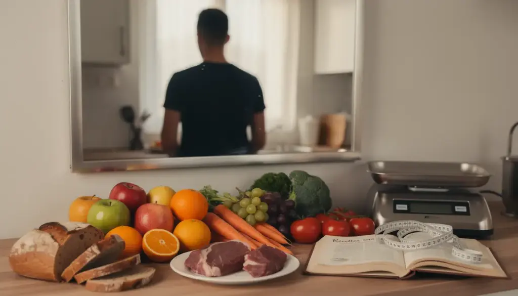 Silhouette face miroir et aliments, illustration regime extreme