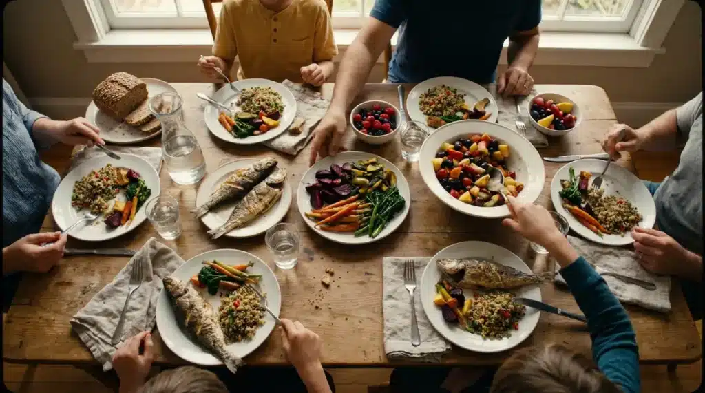 table familiale avec plats variés repas équilibré