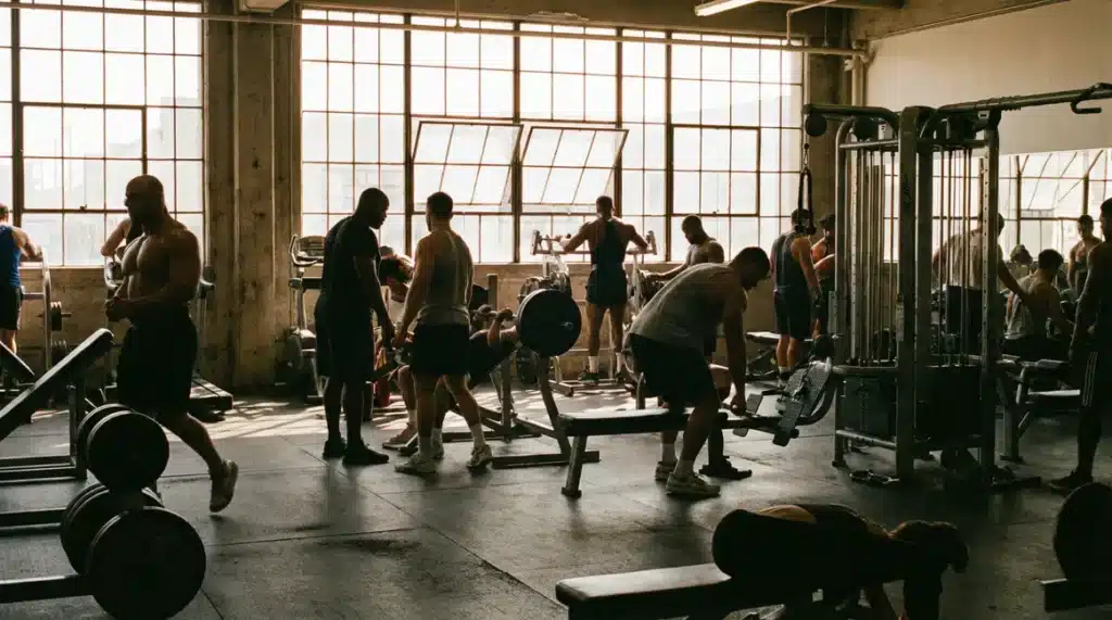 Vue photoréaliste salle musculation dopage bodybuilders sportifs naturels