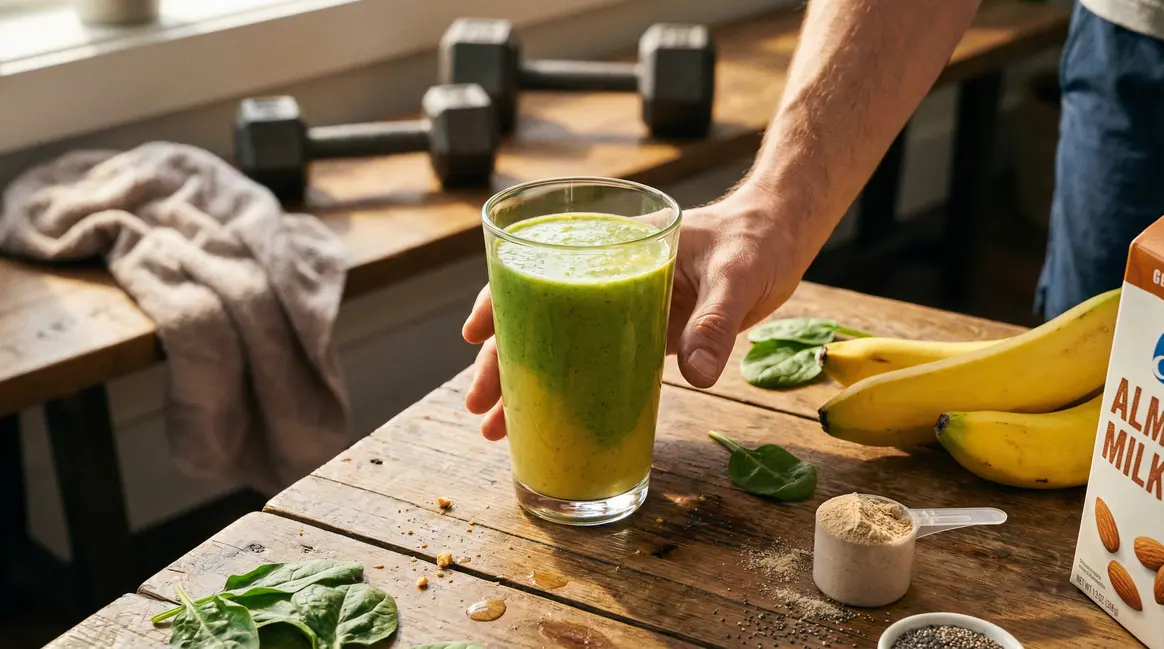 Smoothie proteine vert jaune avec accessoires sport