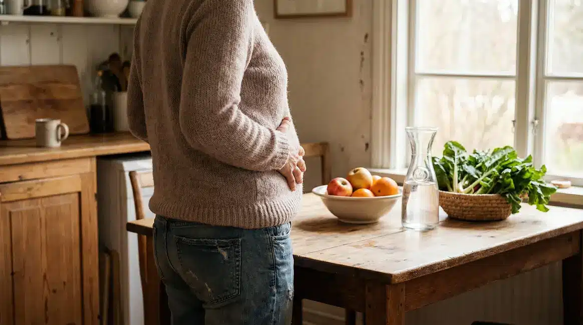 adulte main sur ventre dans interieur sain