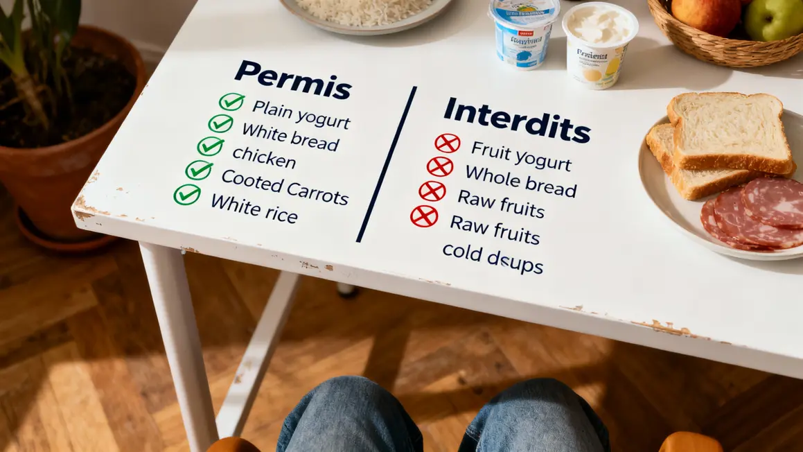 Schéma aliments autorisés et interdits régime sans résidu yaourt nature