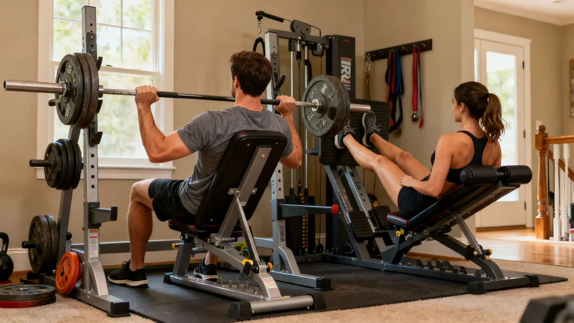 Deux personnes utilisent banc de musculation multifonctions exercices à domicile