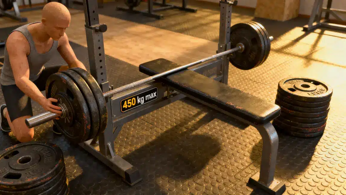 Banc musculation robuste 450kg acier sol antidérapant sécurité