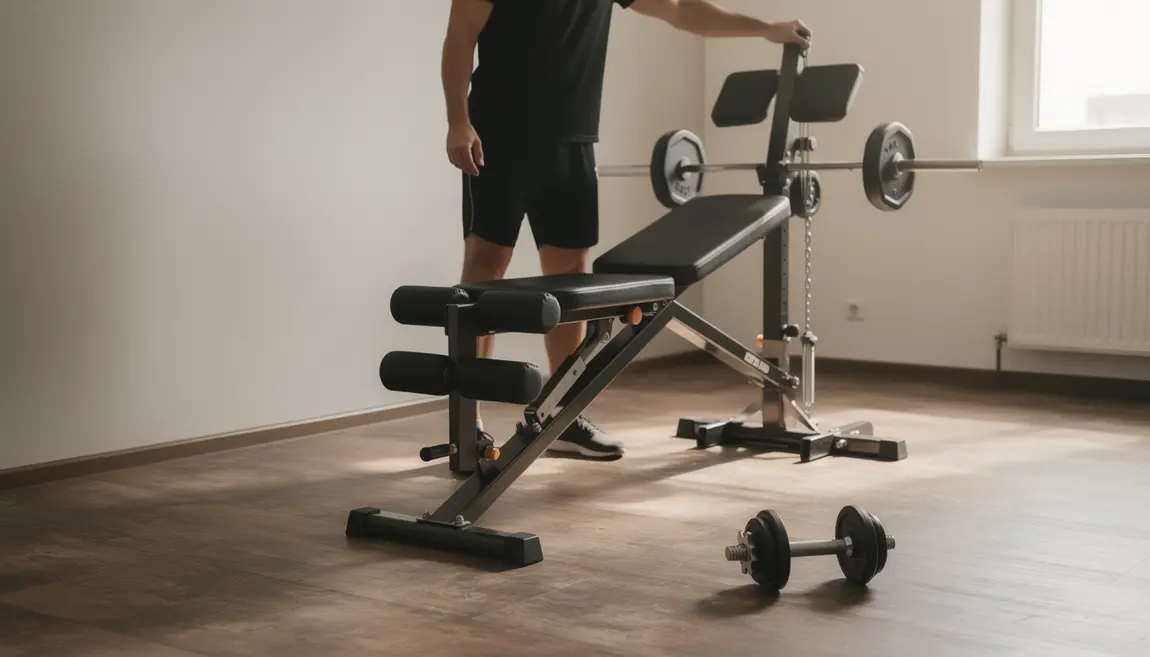 Banc de musculation multifonctions compact dans un appartement moderne