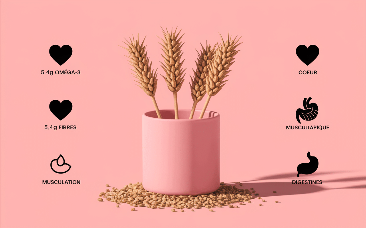 Cuillères avec graines de lin et chiffres nutritionnels