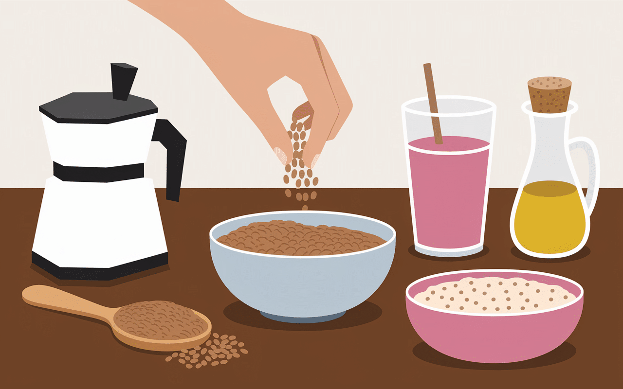 Graines de lin versées sur yaourt, smoothie et porridge