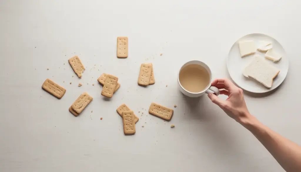 assortiment biscuits secs sans residu, boisson claire, aliments blancs