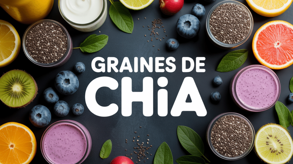 table cuisine avec graines de chia et fruits frais