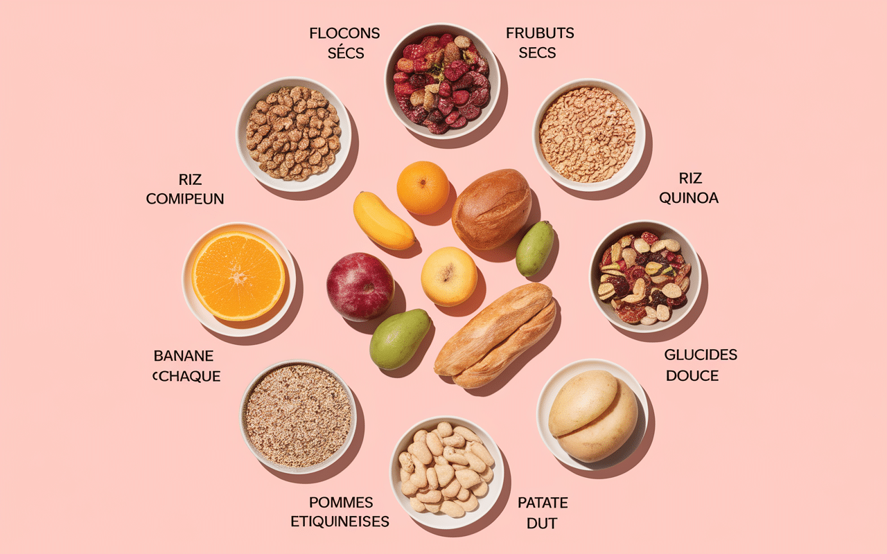 cercle des 10 aliments les plus riches en glucides avec quantité indiquée