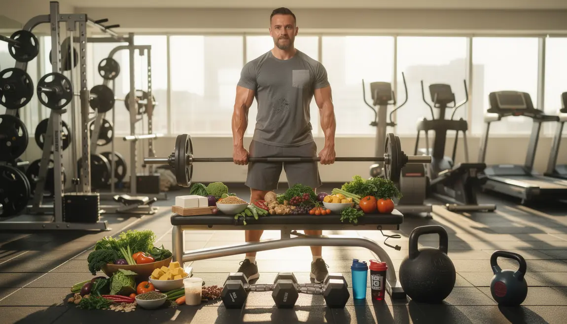 Sportif adulte salle musculation légumes graines tofu