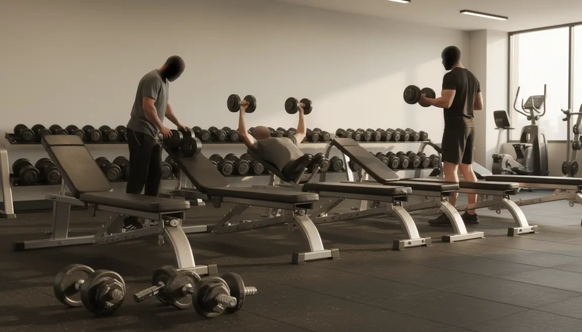 Salle de sport avec bancs musculation et haltères
