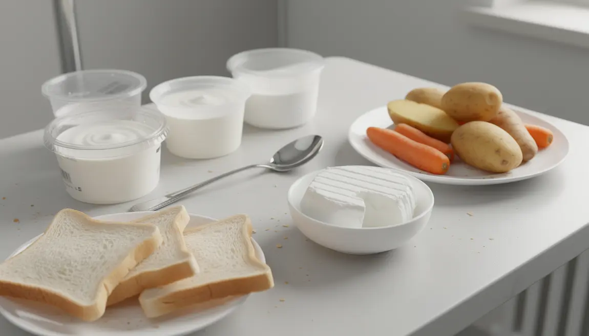 Yaourts nature sans résidu, pain blanc, fromage blanc, légumes cuits