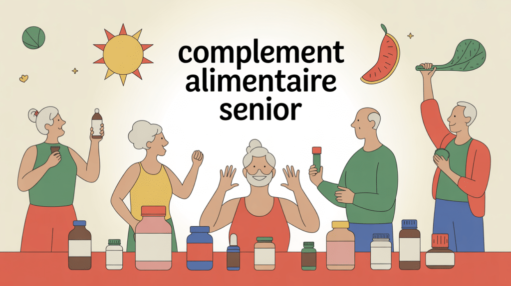 Seniors autour d’une table avec flacons complement alimentaire pour personnes âgees