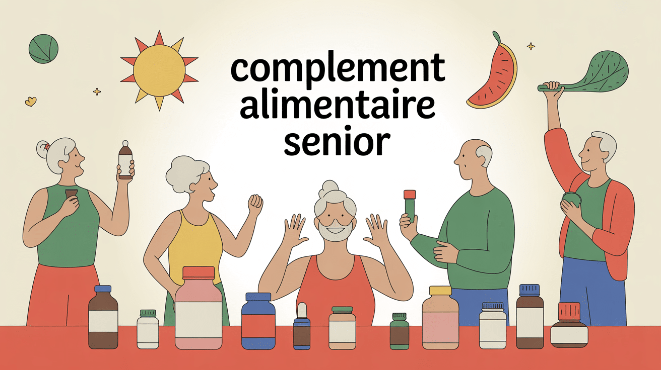 Seniors autour d’une table avec flacons complement alimentaire pour personnes âgees