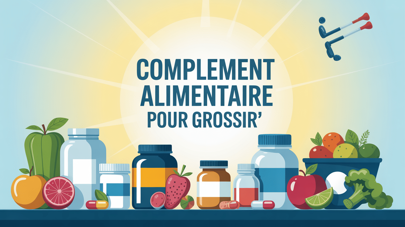 Vue stylisée complements alimentaires pour grossir, table, fruits, objets sportifs