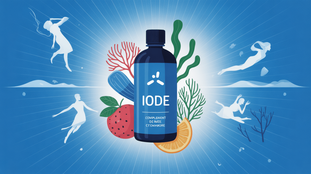 iode en complement alimentaire flacon algues fruits de mer silhouettes