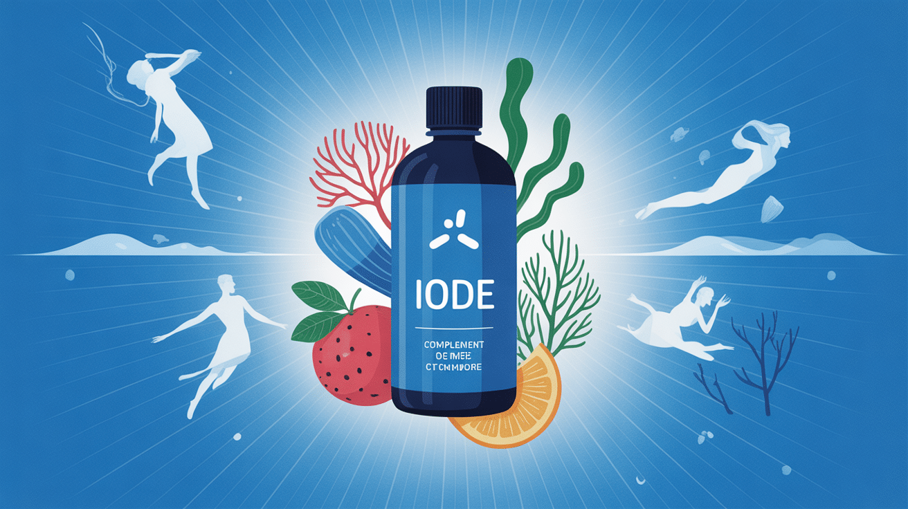 iode en complement alimentaire flacon algues fruits de mer silhouettes