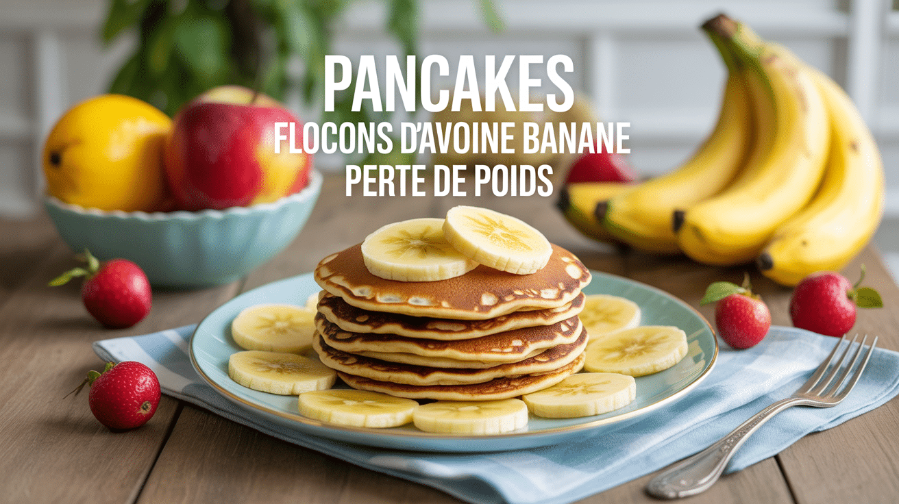pancake flocon d'avoine banane regime sur table avec fruits