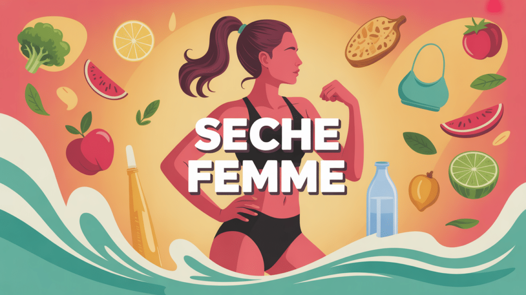 Visuel regime seche pour femme, femme sportive et icones aliments