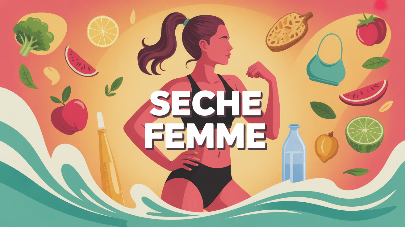 Visuel regime seche pour femme, femme sportive et icones aliments