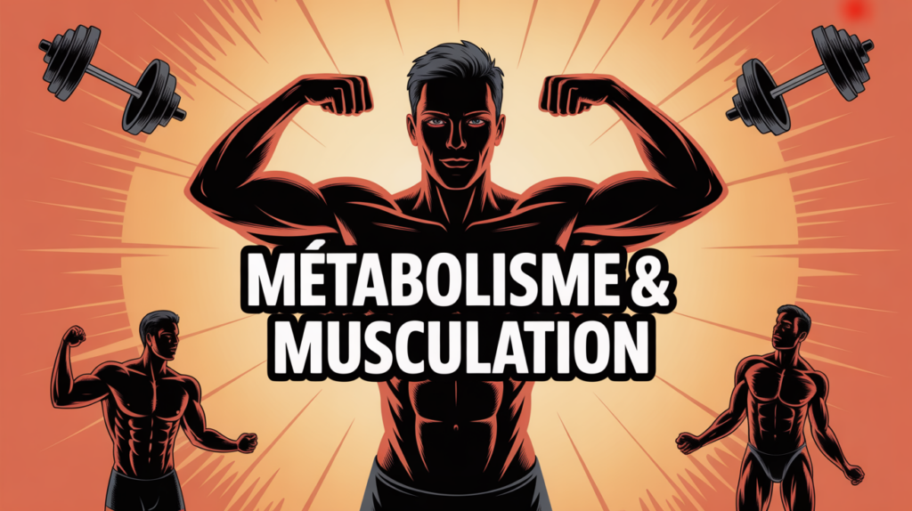 Image stylisée d'un sportif dos, haltères, fibres, métabolisme et musculation