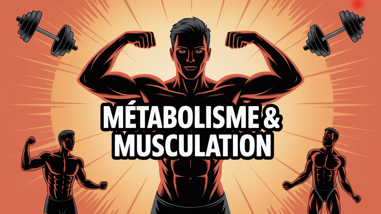 Image stylisée d'un sportif dos, haltères, fibres, métabolisme et musculation