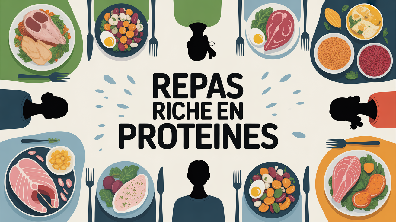 Table de repas riche en proteine avec plats variés