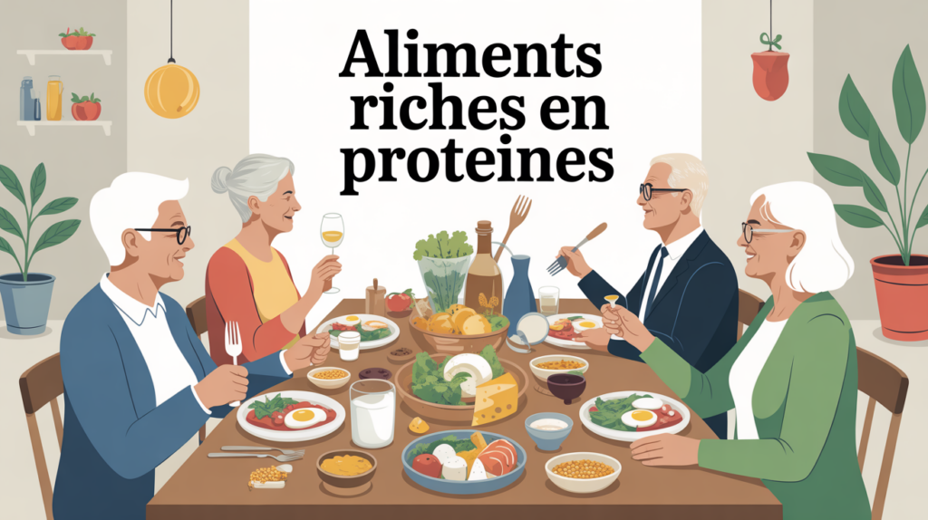 scene de seniors partageant aliments riches en proteines pour personnes agees