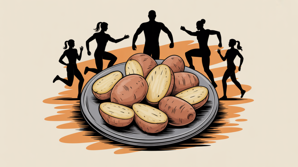 grande assiette de patate douce et silhouettes musculation