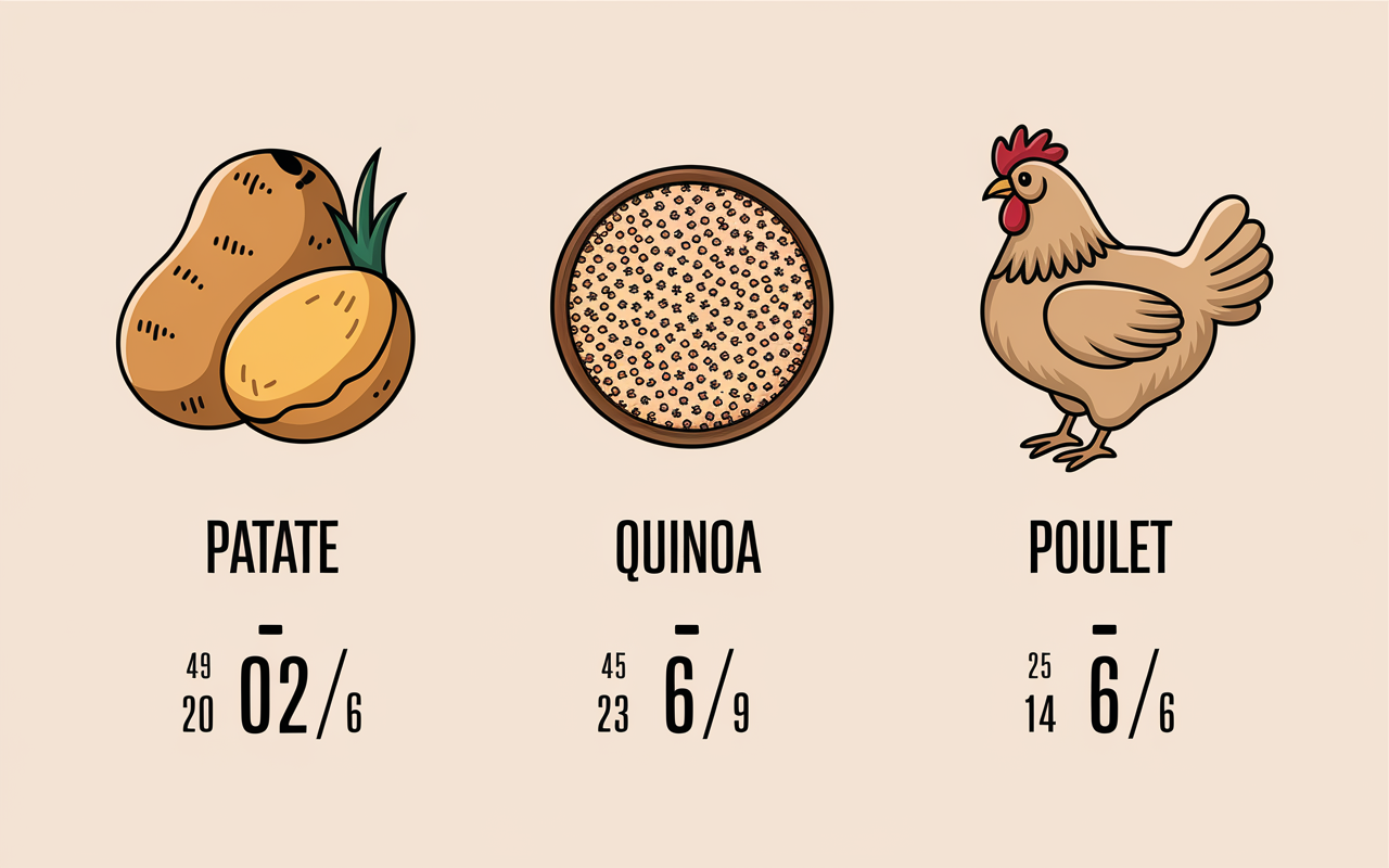 Tableau patate douce proteine et autres aliments