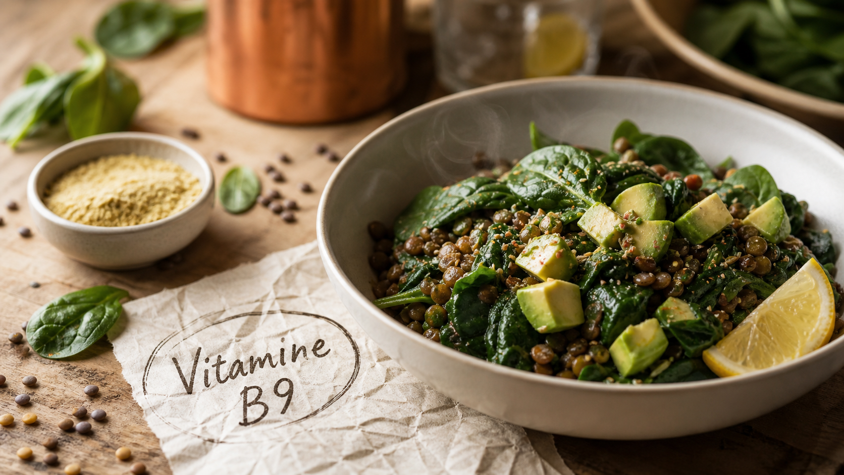 A quoi sert la vitamine B9 : assiette lentilles et épinards, sources de folates