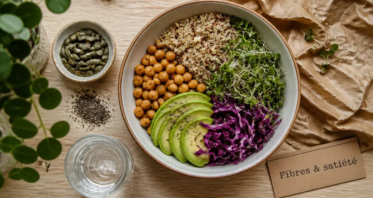 Aliments riches en fibres pour maigrir : bowl minceur au quinoa, pois chiches et graines