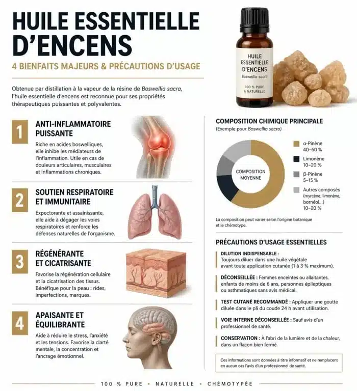 Infographie des bienfaits et précautions de l'huile essentielle d'encens pour la santé et le bien-être