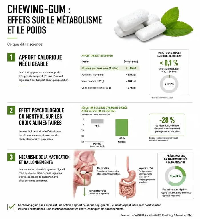 Infographie sur les effets du chewing-gum sur la prise de poids et la santé digestive